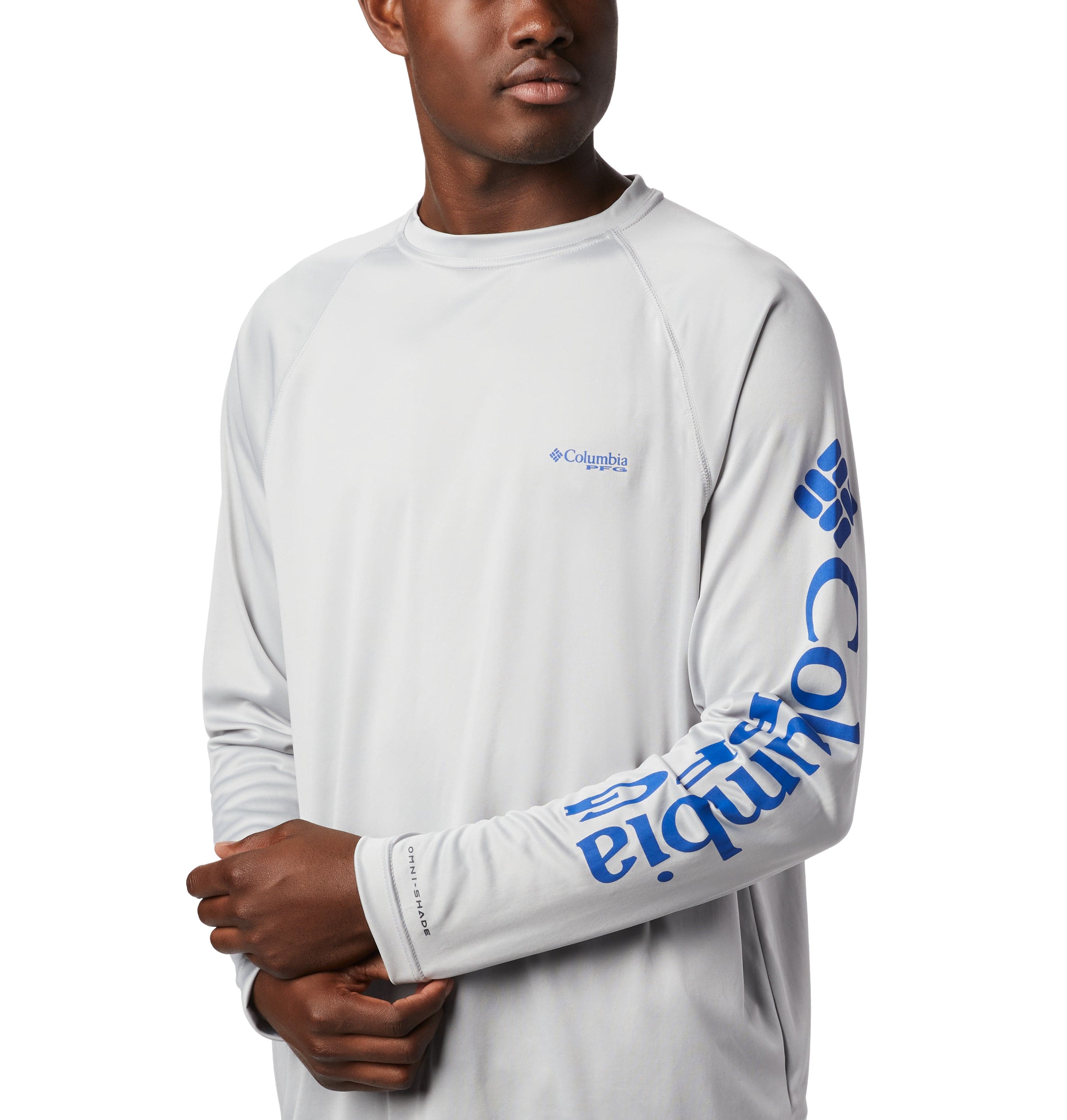 Columbia Terminal Tackle PFG - Maglia A Maniche Lunghe Uomo Grigio/Azzurro, Taglia XL, Protezione Solare UPF 50