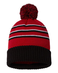 Richardson Headwear One Size / Red/Black/White Richardson - Striped Pom Cuffed Beanie