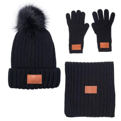 Leeman Headwear One Size / Black Leeman - 3-Piece Rib Knit Fur Pom Winter Set