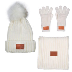 Leeman Headwear One Size / Cream Leeman - 3-Piece Rib Knit Fur Pom Winter Set