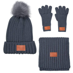 Leeman Headwear One Size / Grey Leeman - 3-Piece Rib Knit Fur Pom Winter Set