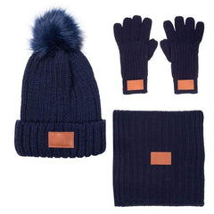 Leeman Headwear One Size / Navy-Blue Leeman - 3-Piece Rib Knit Fur Pom Winter Set